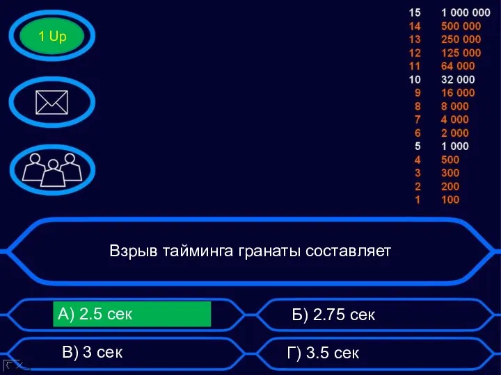 Взрыв тайминга гранаты составляет Б) 2.75 сек А) 2.5 сек В)