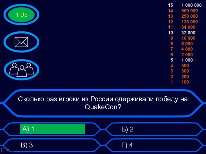 Сколько раз игроки из России одерживали победу на QuakeCon? А) 1