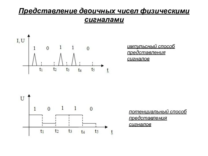 Представление двоичных чисел физическими сигналами импульсный способ представления сигналов потенциальный способ представления сигналов