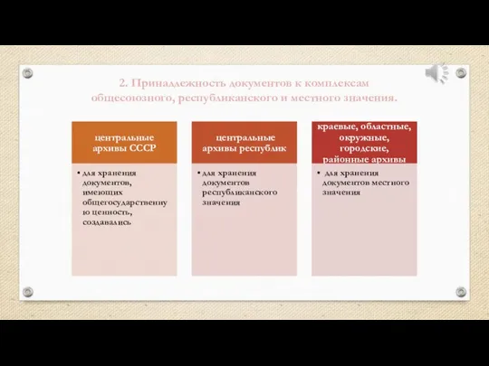 2. Принадлежность документов к комплексам общесоюзного, республиканского и местного значения.