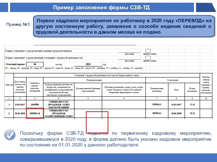 Пример заполнения формы СЗВ-ТД ￼ Первое кадровое мероприятие по работнику в