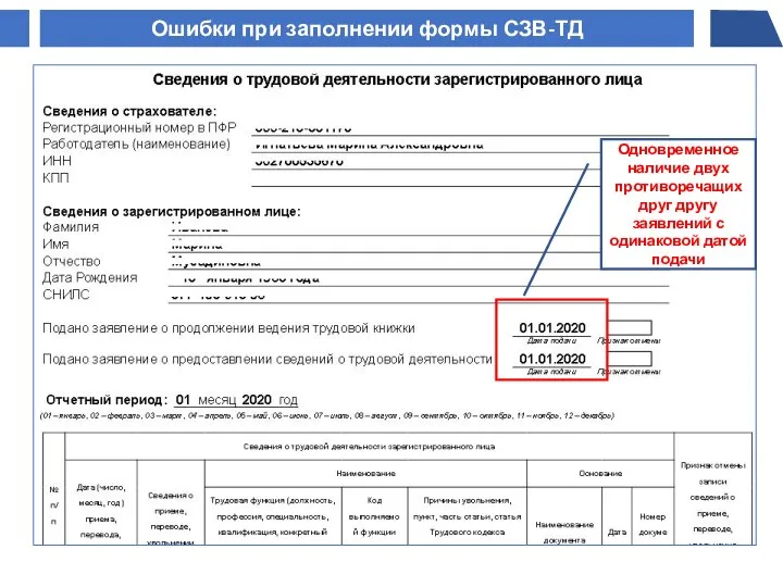 Ошибки при заполнении формы СЗВ-ТД Одновременное наличие двух противоречащих друг другу заявлений с одинаковой датой подачи