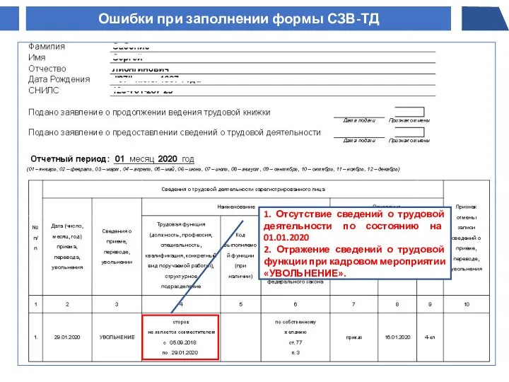 1. Отсутствие сведений о трудовой деятельности по состоянию на 01.01.2020 2.