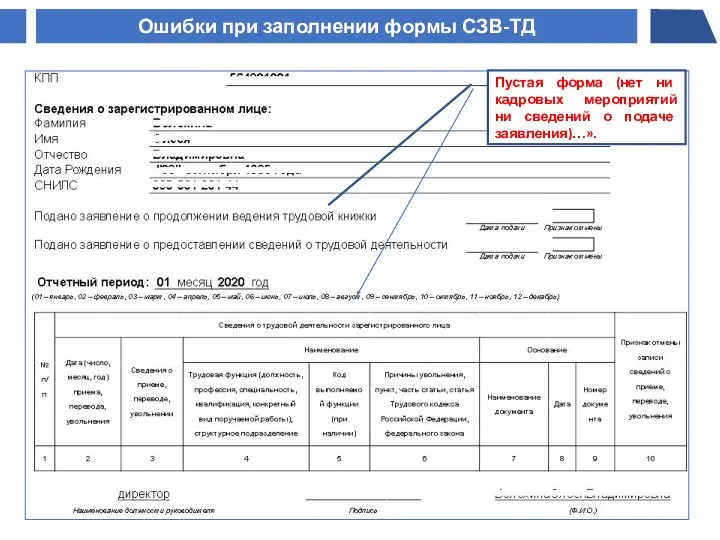 Пустая форма (нет ни кадровых мероприятий ни сведений о подаче заявления)…». Ошибки при заполнении формы СЗВ-ТД