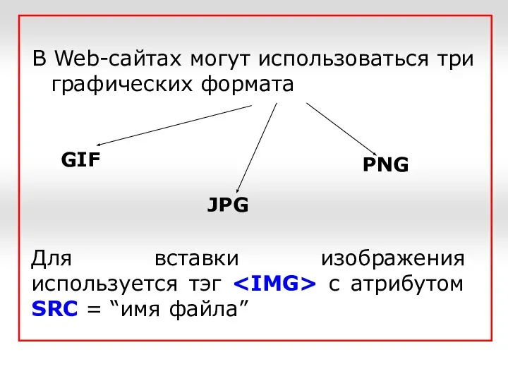 В Web-сайтах могут использоваться три графических формата GIF JPG PNG Для