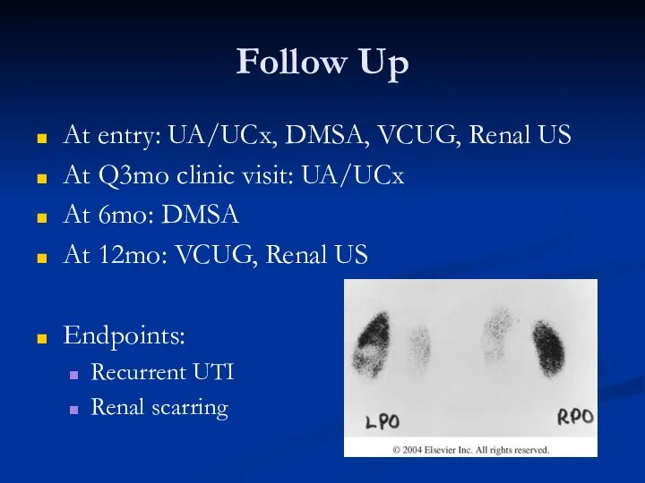 Follow Up At entry: UA/UCx, DMSA, VCUG, Renal US At Q3mo