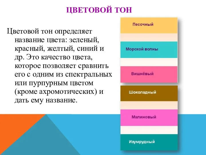 ЦВЕТОВОЙ ТОН Цветовой тон определяет название цвета: зеленый, красный, желтый, синий