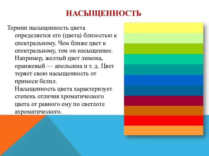 НАСЫЩЕННОСТЬ Термин насыщенность цвета определяется его (цвета) близостью к спектральному. Чем