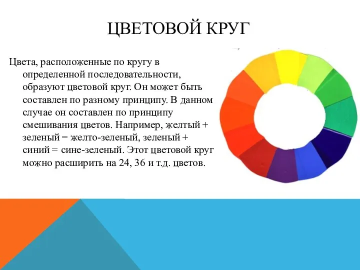 ЦВЕТОВОЙ КРУГ Цвета, расположенные по кругу в определенной последовательности, образуют цветовой