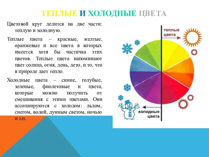 Цветовой круг делится на две части: теплую и холодную. Теплые цвета