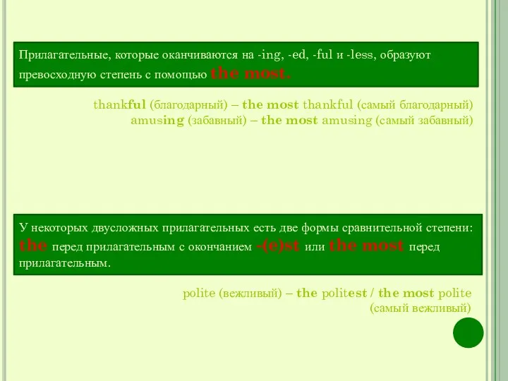 Прилагательные, которые оканчиваются на -ing, -ed, -ful и -less, образуют превосходную