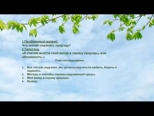 План исследования. Все что нас окружает, мы должны научиться любить, беречь