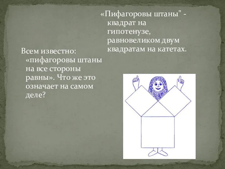 Всем известно: «пифагоровы штаны на все стороны равны». Что же это