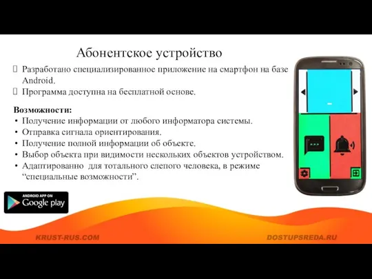 Абонентское устройство Разработано специализированное приложение на смартфон на базе Android. Программа