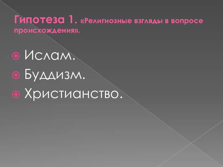 Гипотеза 1. «Религиозные взгляды в вопросе происхождения». Ислам. Буддизм. Христианство.