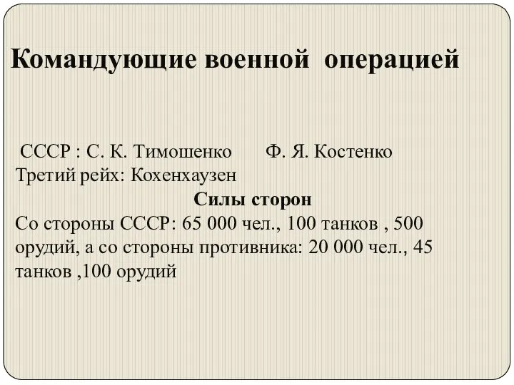 СССР : С. К. Тимошенко Ф. Я. Костенко Третий рейх: Кохенхаузен