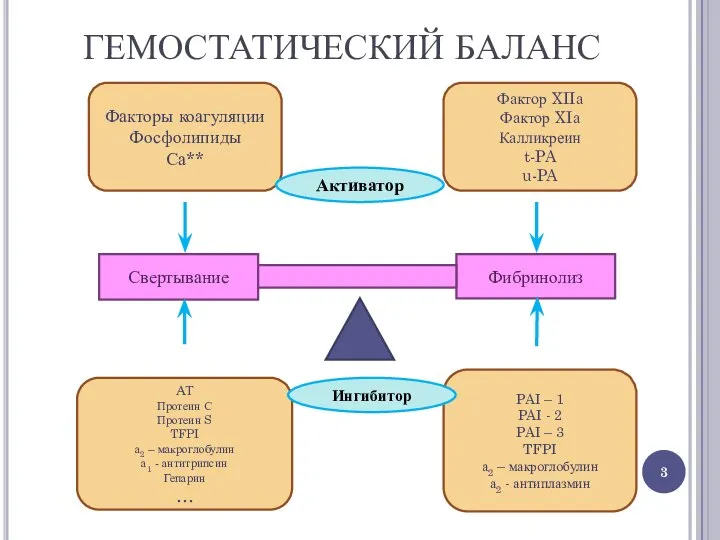 ГЕМОСТАТИЧЕСКИЙ БАЛАНС Свертывание Фибринолиз Факторы коагуляции Фосфолипиды Са** АТ Протеин С