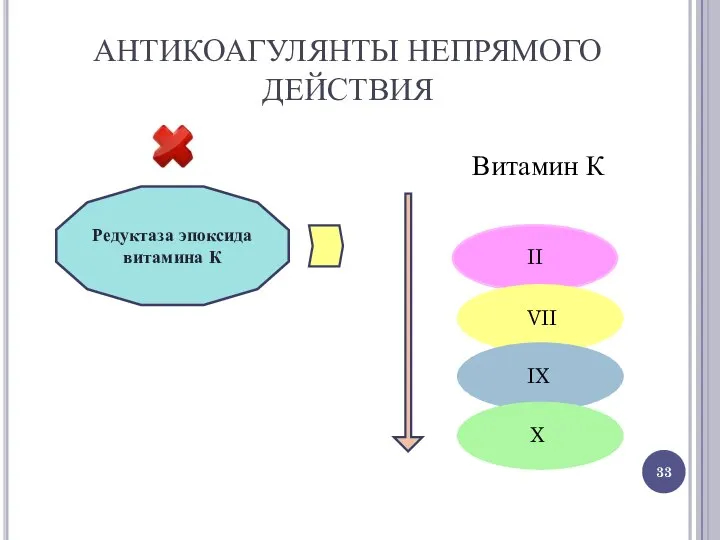 АНТИКОАГУЛЯНТЫ НЕПРЯМОГО ДЕЙСТВИЯ Редуктаза эпоксида витамина К Витамин К II VII IX X