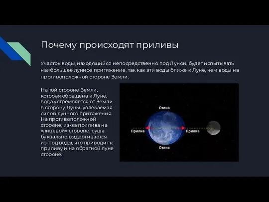 Почему происходят приливы Участок воды, находящийся непосредственно под Луной, будет испытывать