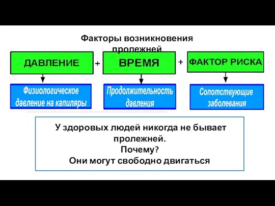 У здоровых людей никогда не бывает пролежней. Почему? Они могут свободно двигаться Факторы возникновения пролежней