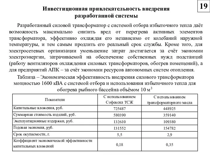 Инвестиционная привлекательность внедрения разработанной системы Разработанный силовой трансформатор с системой отбора