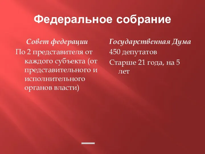 Федеральное собрание Совет федерации По 2 представителя от каждого субъекта (от