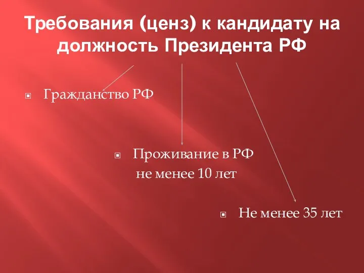 Требования (ценз) к кандидату на должность Президента РФ Гражданство РФ Проживание