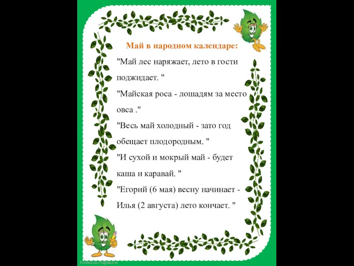 Май в народном календаре: "Май лес наряжает, лето в гости поджидает.