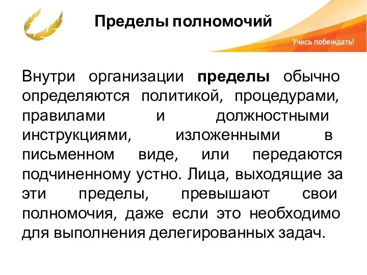 Пределы полномочий Внутри организации пределы обычно определяются политикой, процедурами, правилами и