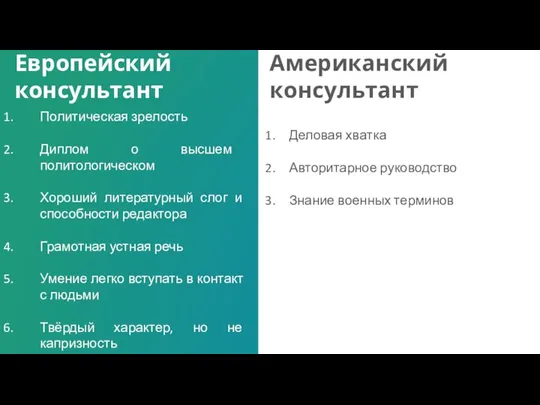 Европейский консультант Американский консультант Политическая зрелость Диплом о высшем политологическом Хороший