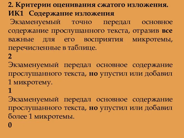 2. Критерии оценивания сжатого изложения. ИК1 Содержание изложения Экзаменуемый точно передал