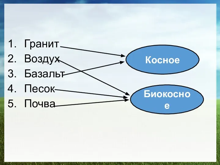 Гранит Воздух Базальт Песок Почва Косное Биокосное