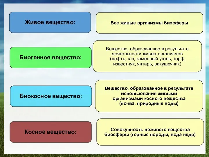 Живое вещество: Биогенное вещество: Биокосное вещество: Косное вещество: Все живые организмы