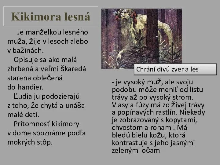 Kikimora lesná Je manželkou lesného muža, žije v lesoch alebo v