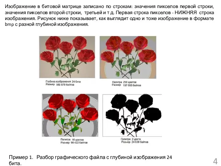 Изображение в битовой матрице записано по строкам: значения пикселов первой строки,