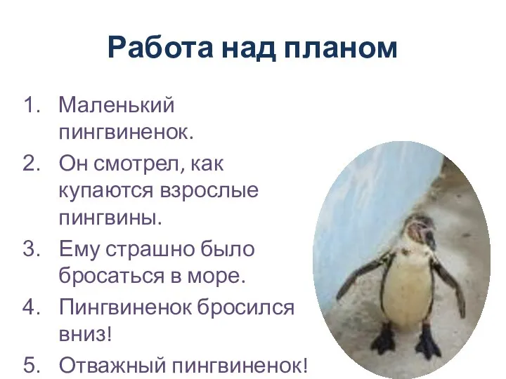 Работа над планом Маленький пингвиненок. Он смотрел, как купаются взрослые пингвины.