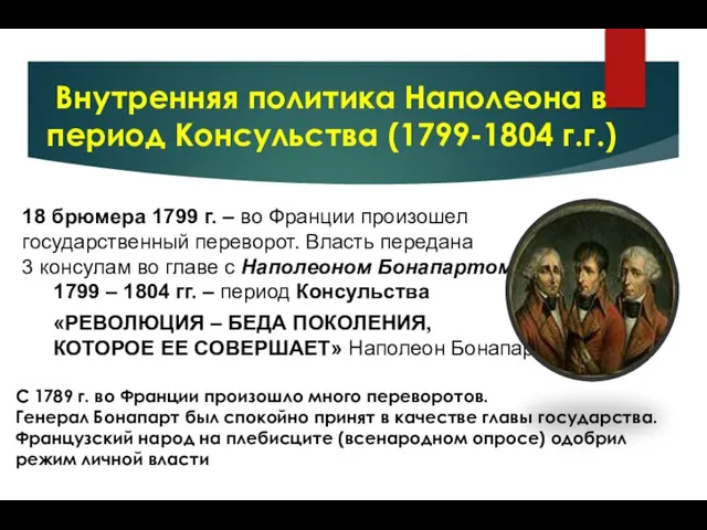 Внутренняя политика Наполеона в период Консульства (1799-1804 г.г.) 18 брюмера 1799