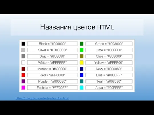 Названия цветов HTML https://colorscheme.ru/web-safe-colors.html