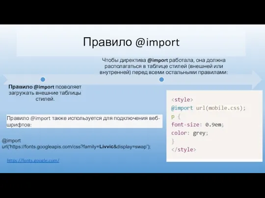 Правило @import Правило @import также используется для подключения веб-шрифтов: https://fonts.google.com/ @import url('https://fonts.googleapis.com/css?family=Livvic&display=swap');