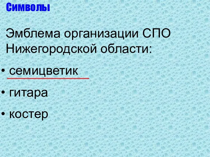 Эмблема организации СПО Нижегородской области: семицветик гитара костер Символы