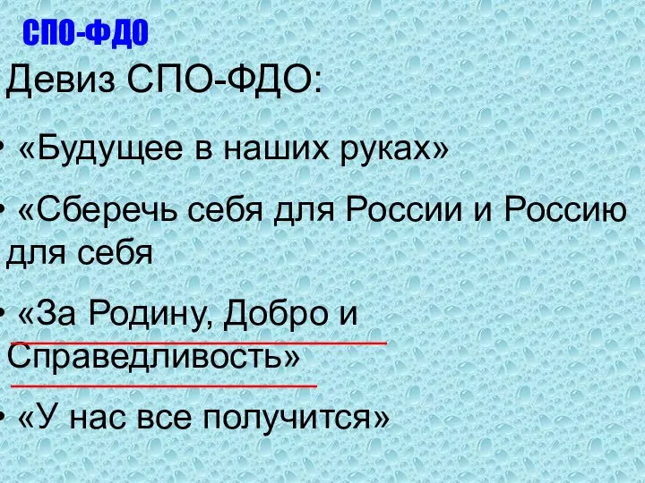 Девиз СПО-ФДО: «Будущее в наших руках» «Сберечь себя для России и