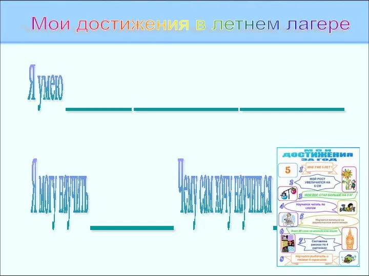 Мои достижения в летнем лагере Я умею ____________ ___________________ ___________________ Я