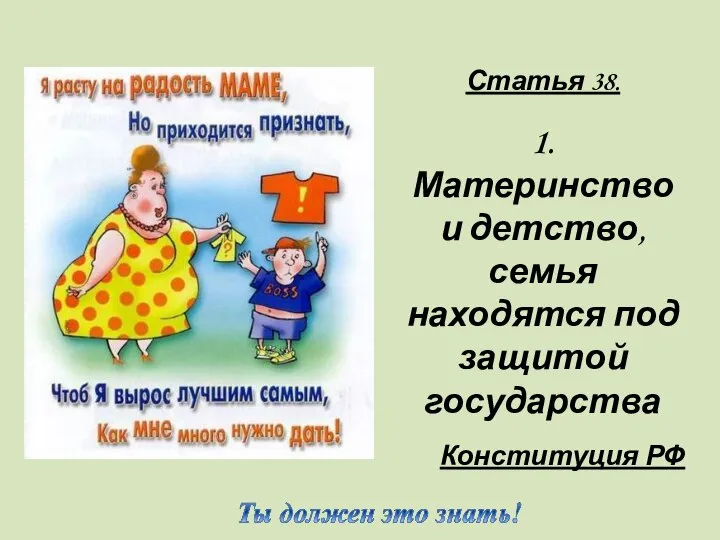 Статья 38. 1. Материнство и детство, семья находятся под защитой государства Конституция РФ