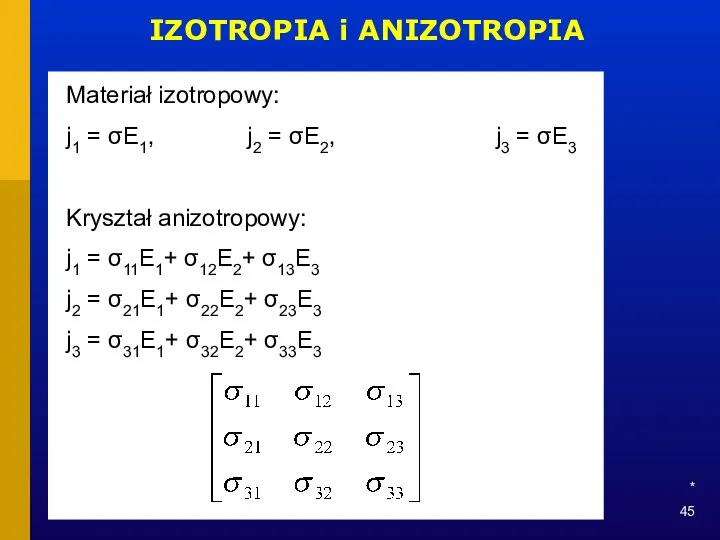 * IZOTROPIA i ANIZOTROPIA Materiał izotropowy: j1 = σE1, j2 =