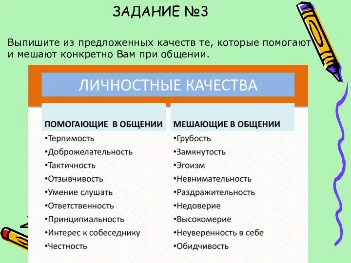 ЗАДАНИЕ №3 Выпишите из предложенных качеств те, которые помогают и мешают конкретно Вам при общении.