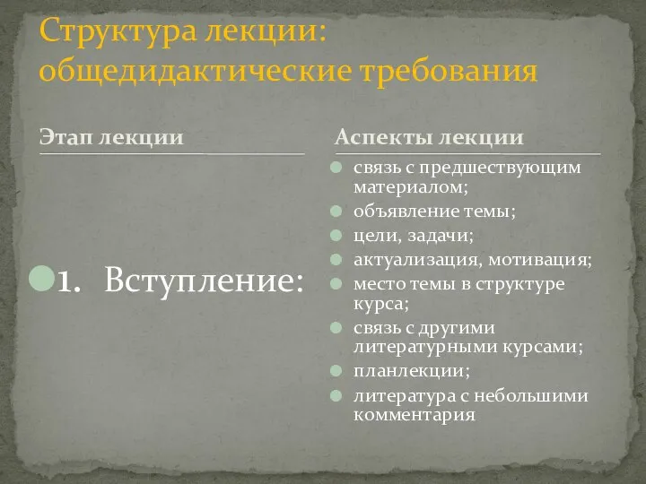 Этап лекции 1. Вступление: связь с предшествующим материалом; объявление темы; цели,