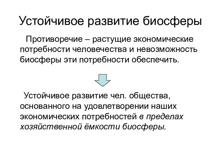 Устойчивое развитие биосферы Противоречие – растущие экономические потребности человечества и невозможность