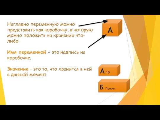 Наглядно переменную можно представить как коробочку, в которую можно положить на