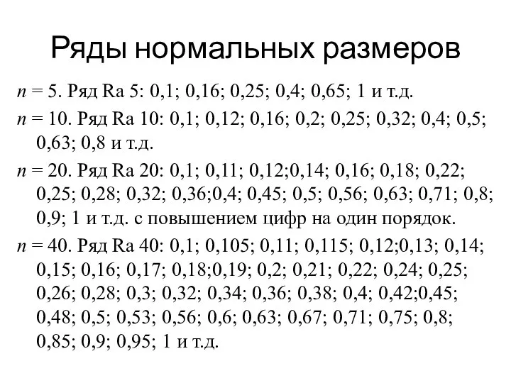 Ряды нормальных размеров n = 5. Ряд Ra 5: 0,1; 0,16;