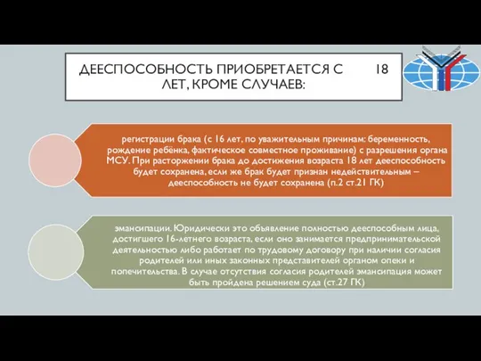 ДЕЕСПОСОБНОСТЬ ПРИОБРЕТАЕТСЯ С 18 ЛЕТ, КРОМЕ СЛУЧАЕВ: